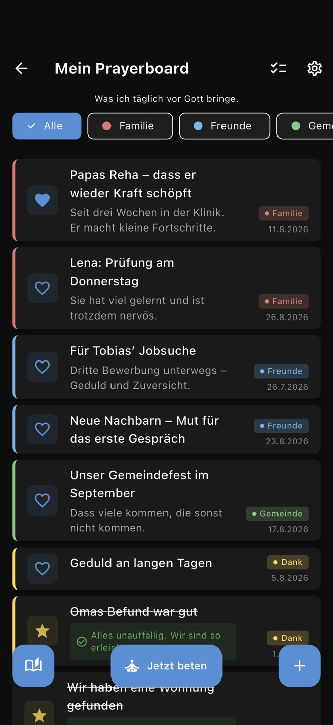 Board-Ansicht mit Gebetsanliegen, Kategorien und einem erhörten Gebet