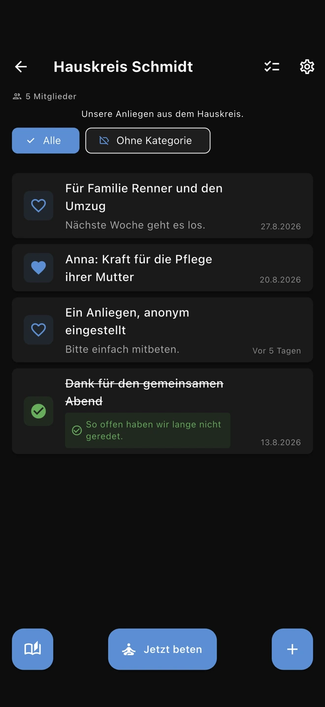 Geteiltes Board „Hauskreis Schmidt“ mit fünf Mitgliedern und einem anonymen Anliegen